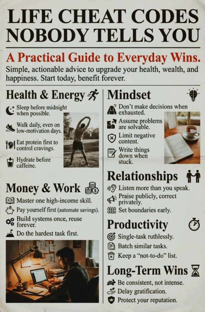 fig3lvl's tweet photo. Life gets easier when you use simple cheat codes
Sleep earlier
Move daily
Drink water first
Avoid decisions when tired

Small habits change everything

#selfimprovementtips https://t.co/rcV2UenHz0