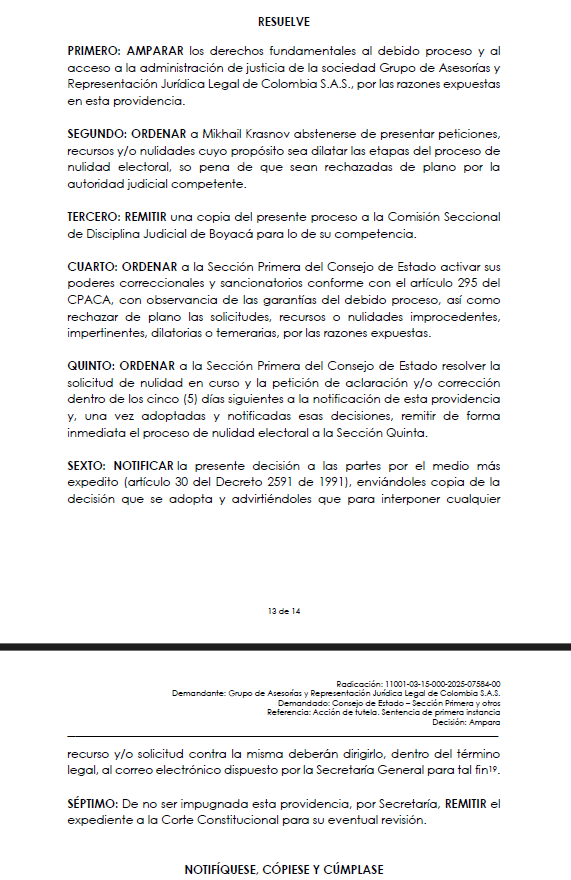 CaracolRadioTun's tweet photo. #Atención | El @consejodeestado amparó una tutela por dilaciones en la nulidad electoral del alcalde de #Tunja, Mikhail Krasnov. Ordenó frenar recursos improcedentes y destrabar la segunda instancia para que avance la decisión sobre la legalidad de su elección. https://t.co/Gi09TUyWF0