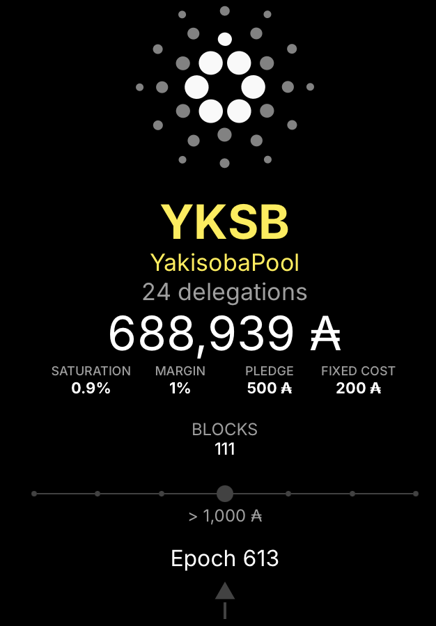 本ステークプールは615エポックへ移行しました。 614エポックではブロックの生成スケジュール割り当てがなく、ブロック生成できませんした。 皆様からの委任をお待ちしております🙇