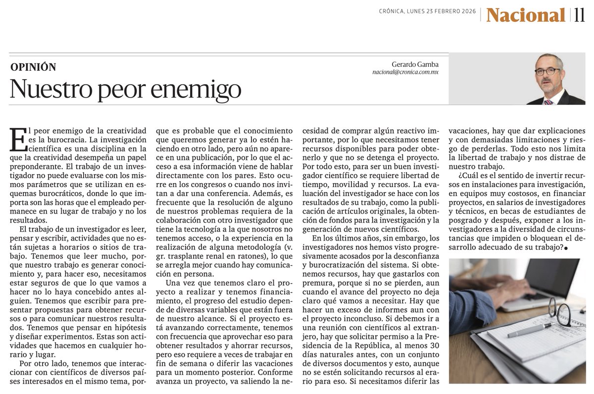 En mi editorial de la semana en <a href="/LaCronicaDeHoy/">La Crónica de Hoy</a> comento sobre los crecientes problemas burocráticos a los que no enfrentamos cada vez más los investigadores.