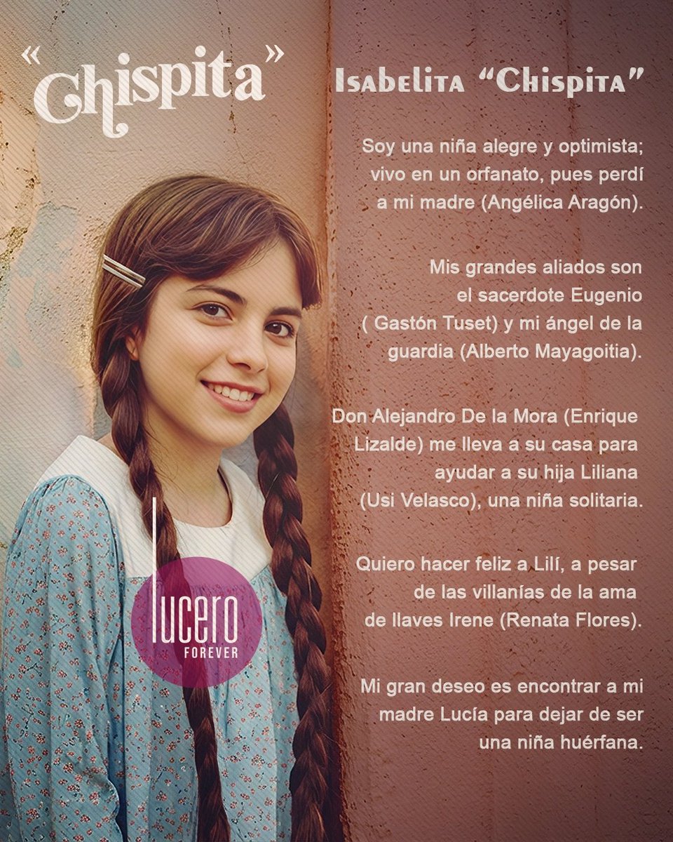 Para seguir festejando los 46 años de carrera de <a href="/LuceroMexico/">Lucero</a>, he diseñado estas biografías sobre los

#PersonajesDeLucero  

⭐ #LUCEROFOREVER ⭐ 

#Chispita  #LuceritoChispita  #LuceritoHogaza