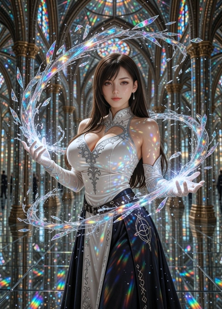 TifaDreamsAI's tweet photo. Crystal ring spell in the cathedral — white and navy gown bathed in rainbow glow 🕯️ https://t.co/d4tifkvmNz