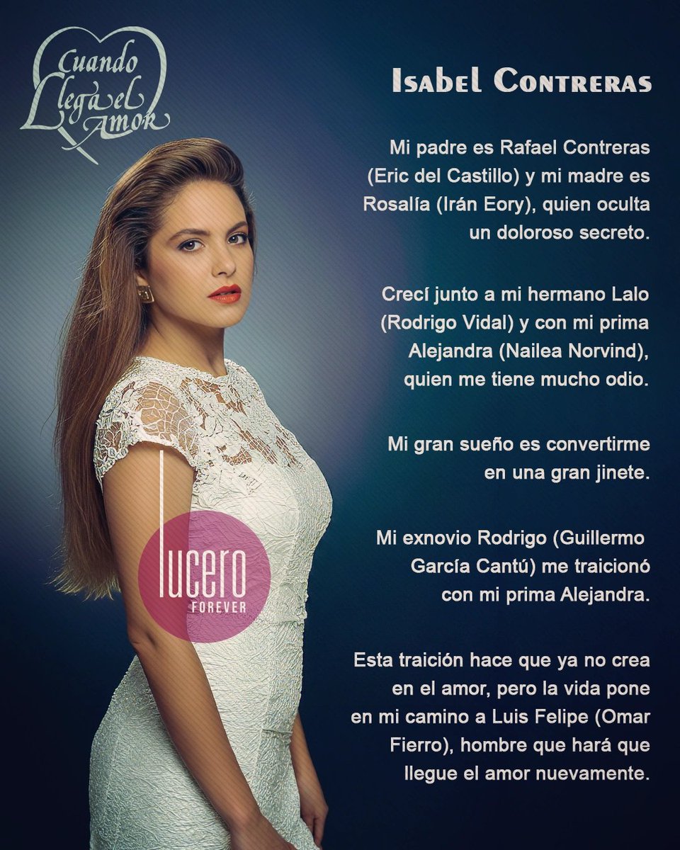 Para seguir festejando los 46 años de carrera de <a href="/LuceroMexico/">Lucero</a>, he diseñado estas biografías sobre los
#PersonajesDeLucero 

⭐ #LUCEROFOREVER ⭐ 

#CuandoLlegaElAmor  #IsabelContreras #Lucero1990