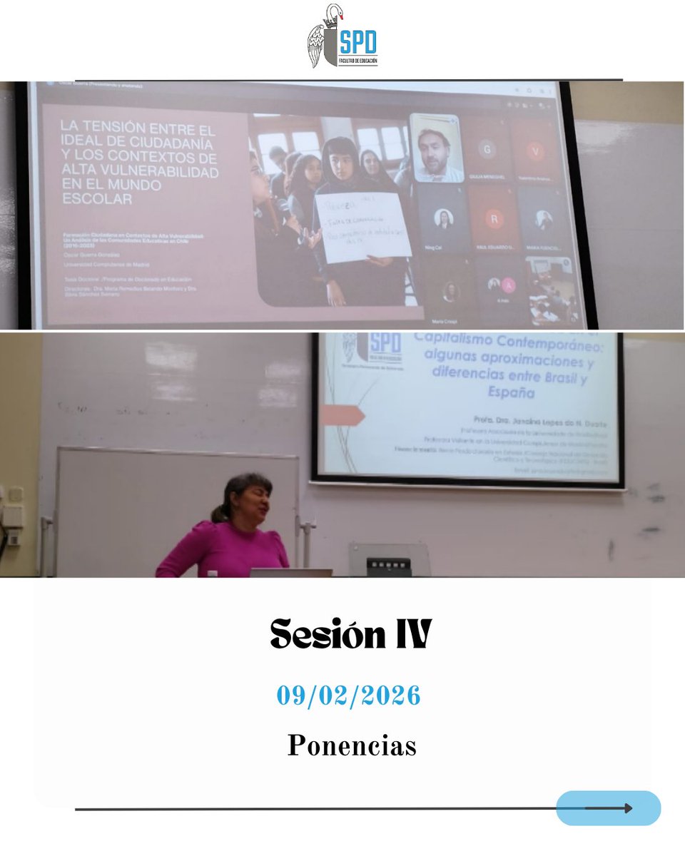 spd_ucm's tweet photo. Sesión IV del SPDE (09/02/2026) 
🗣️ Oscar Patricio Guerra González
La tensión entre el ideal de ciudadanía y los contextos de alta vulnerabilidad en el mundo escolar
🎓 Dra. Janaína Lopes do Nascimento Duarte
La Universidad Pública en el Capitalismo Contemporáneo: Brasil y España https://t.co/zRCLtlPaAZ