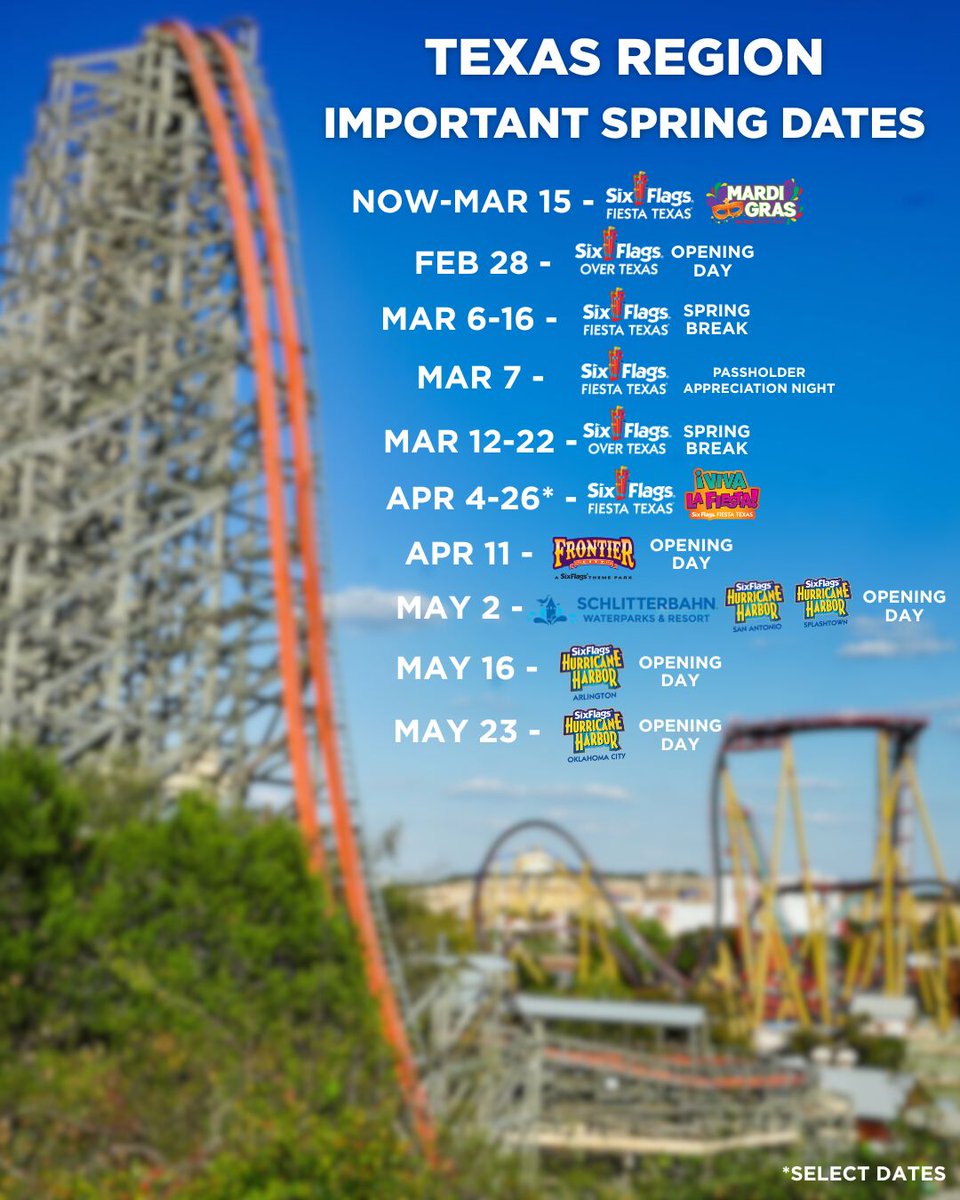 SixFlagsOverTX's tweet photo. Don’t forget, #SFOT opens in five days! A Gold Pass gets you access to all these exciting events across the region! Don't miss out on our Spring Sale, where you can snag a free upgrade to Gold - https://t.co/FgsRda8W05 https://t.co/7X1EDLzbxr