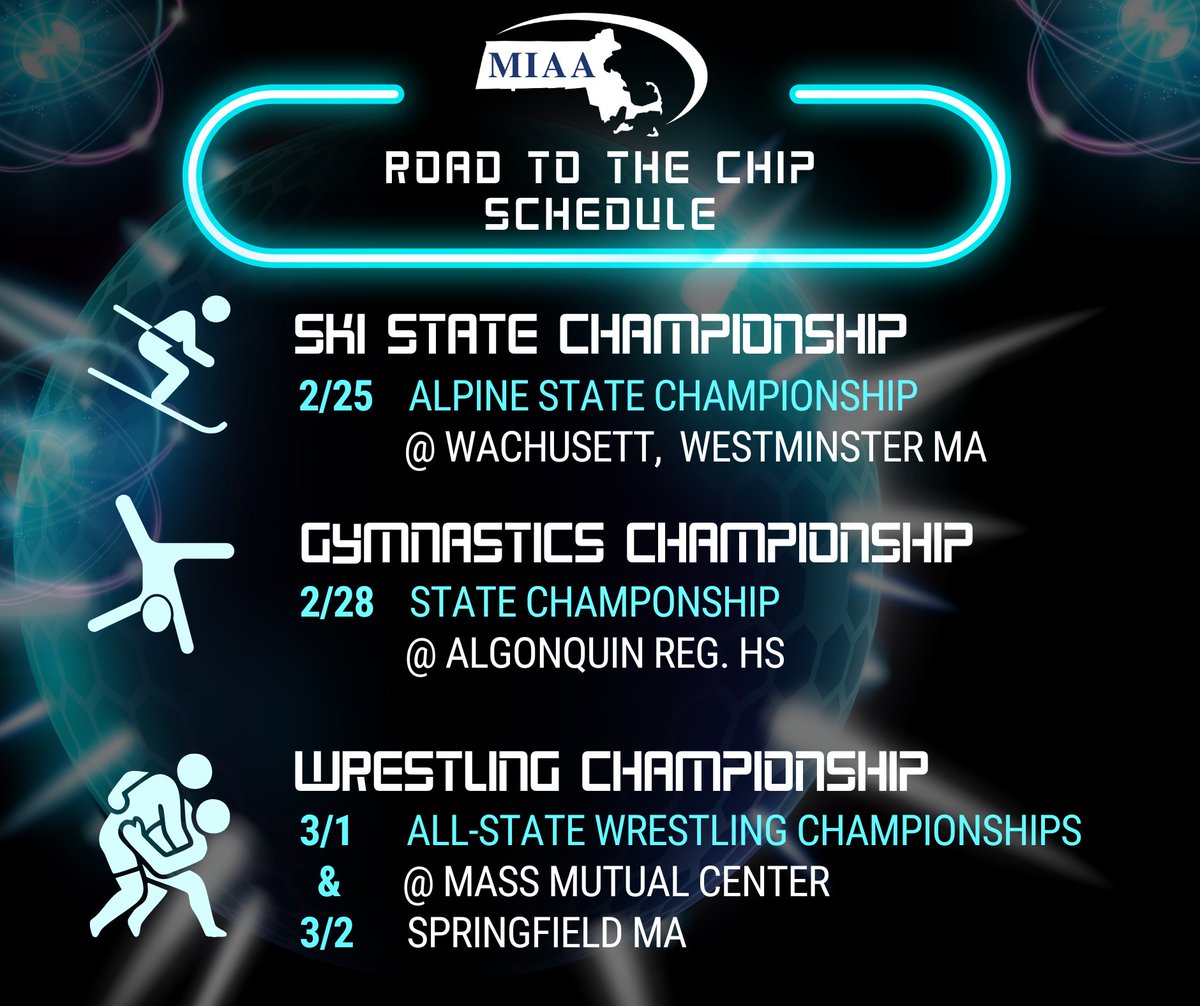 MIAA033's tweet photo. 🏅Lots of Championships happening this week! ⛷️ Alpine Ski has moved to Wednesday at Wachusett Mountain. 🤼‍♂️ Sunday and Monday is the All-State Wrestling will be held at Mass Mutual - ticket link https://t.co/xV9BA7kPqi https://t.co/AbCi80sejD
