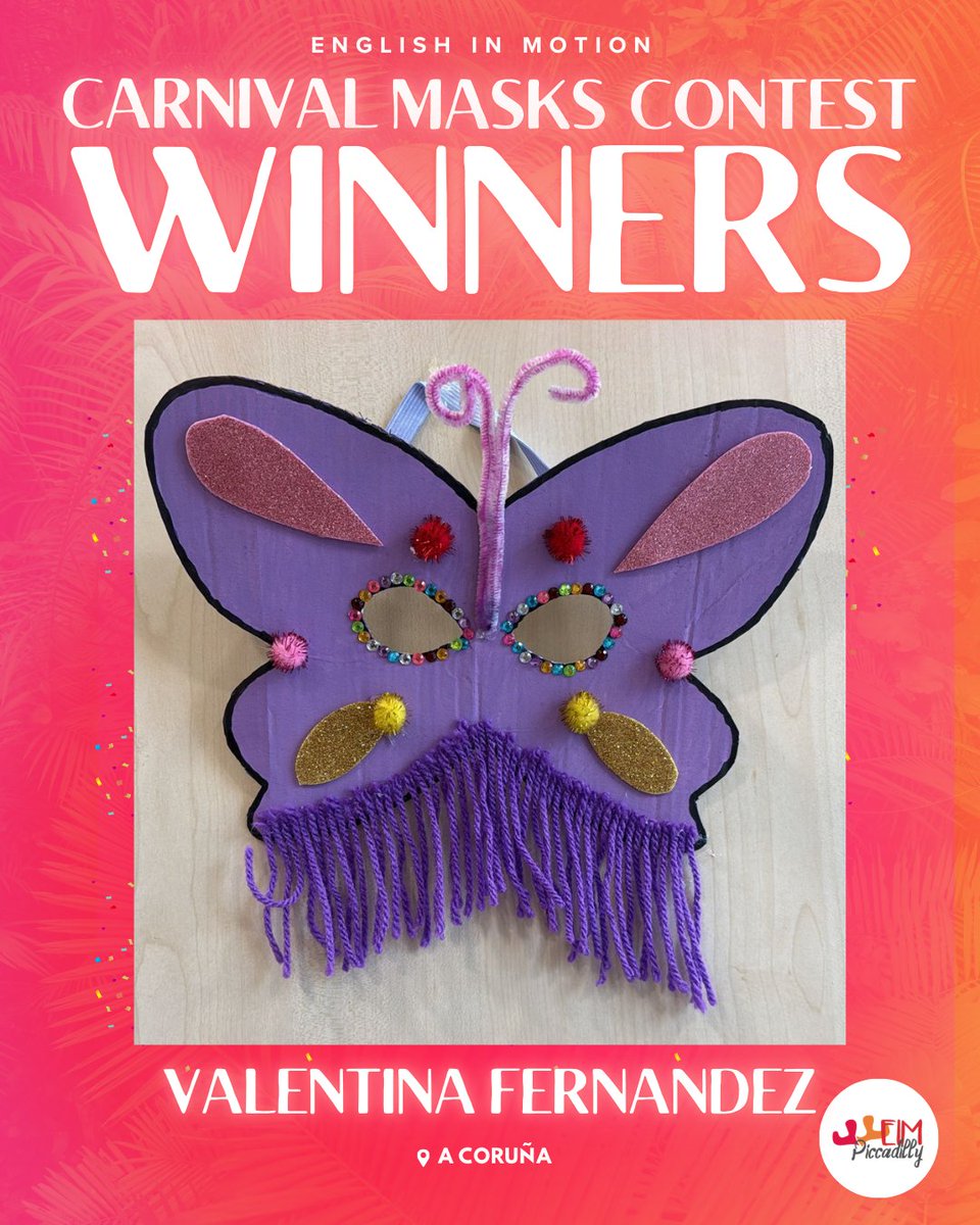 EnglishinMotion's tweet photo. Ya tenemos ganador@s del Concurso de Máscaras de Carnaval 🎭♻️
🏆 Laura Rodriguez
🏆 Valentina Fernandez
🏆 Noa Regueiro
🏆 Noa Barge
¡Enhorabuena artistas! 🤩✨
#CarnivalMasksContest #Carnaval2026 #Entroido #CarnavalGalicia #SantiagoDeCompostela #ACoruña #Galicia https://t.co/5fVZpGQE6u