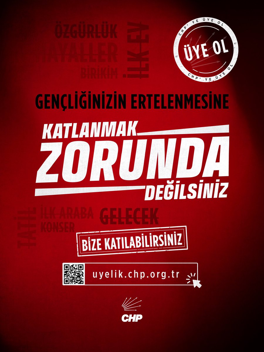 Hayallerini erteleyen, gençliğini yaşayamayan arkadaşım; bu düzen senin kaderin değil. Geleceğin belirsizliğine #KatlanmakZorundaDeğilsiniz

Bize katılabilirsiniz. 
uyelik.chp.org.tr