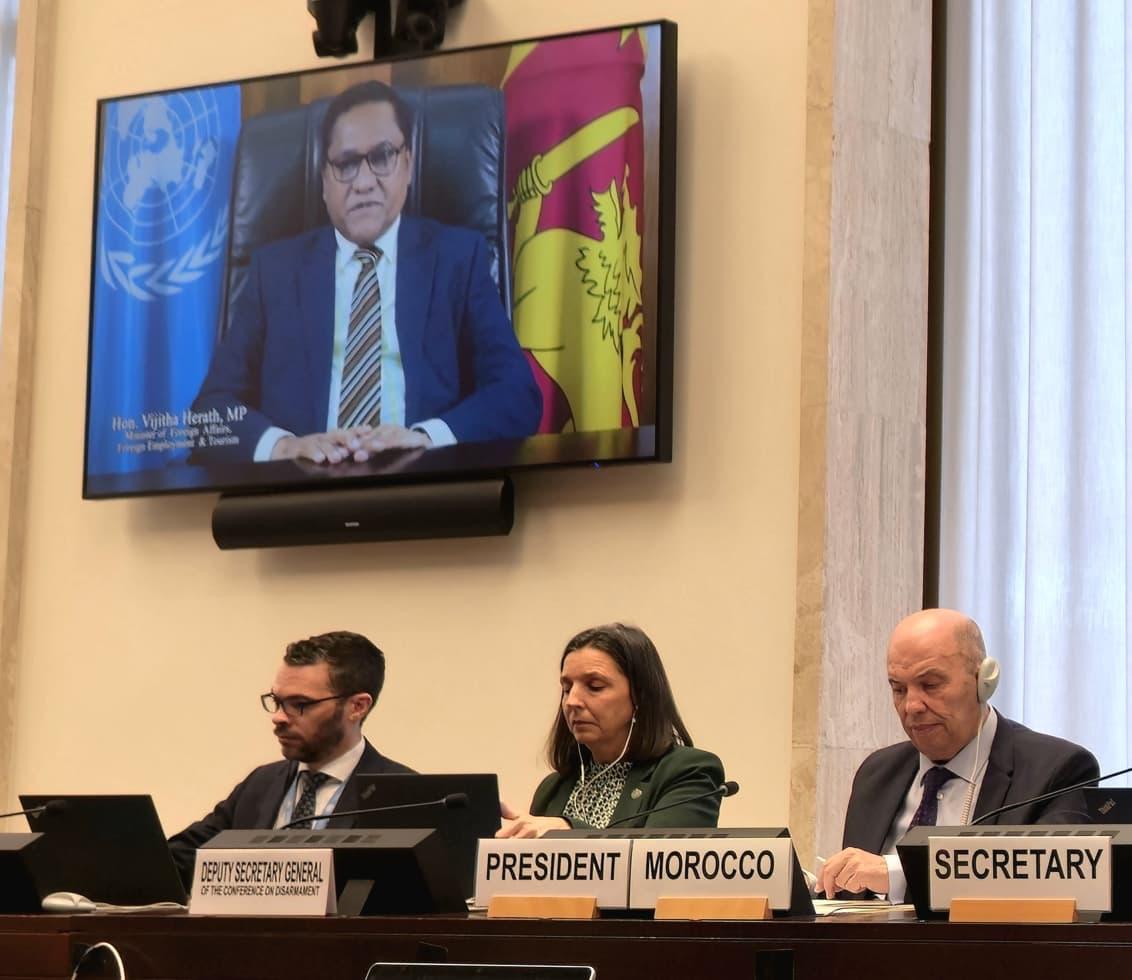 SLUNGeneva's tweet image. Minister of Foreign Affairs, Foreign Employment &amp;amp; Tourism @HMVijithaHerath addressing the high-level segment of the #Conference on #Disarmament in #Geneva via a video message  reaffirmed #SriLanka's commitment to ensure global peace &amp;amp; security. 🇱🇰 ➡️lankamission.org/index.php/disa…