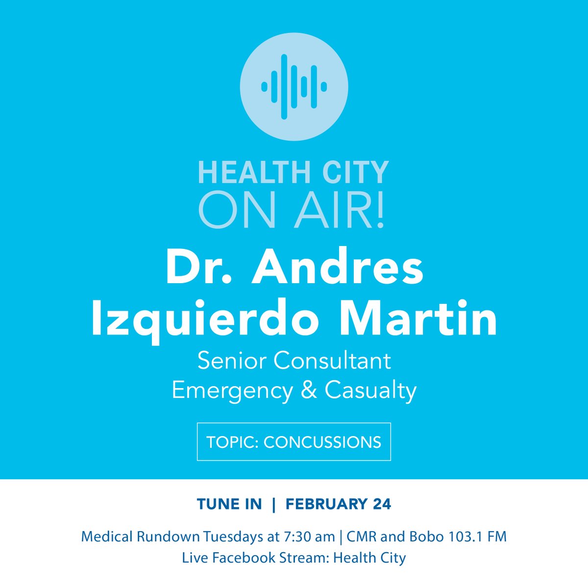Tune in tomorrow, Feb 17, at 7:30am on CMR and Bobo 103.1 FM for this week’s Medical Rundown.

Dr. Andres Izquierdo Martin, our Senior Consultant Emergency &amp; Casualty, will be discussing concussions. 

We’ll be live on Facebook, so join us!