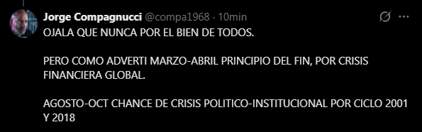 ESTO NO ES JODA, REPITO NO ES JODA --- NUESTRO AMIGO COMPA CAMBIO AHORA LOS MESES DE LA SUPERCRISIS MADRE DE TODAS LAS CRISIS, EN EL POSTEO DEBAJO DECIA MARZO/ABRIL Y AHORA SALTA A AGOSTO/OCTUBRE, ESTO SE DEBE AL MOVIMIENTO DE SATURNO

COPIO AL MINISTRO <a href="/gladiadormerval/">Gladiador Merval</a> 

SALUDOS
