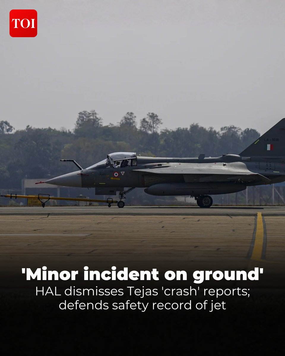 timesofindia's tweet image. Hindustan Aeronautics Limited (HAL) has clarified that a recent incident reports claiming that a #Tejas jet crashed was actually a minor technical issue on the ground. The #company emphasized the aircraft's strong safety record and is working with the #Indian Air Force for
