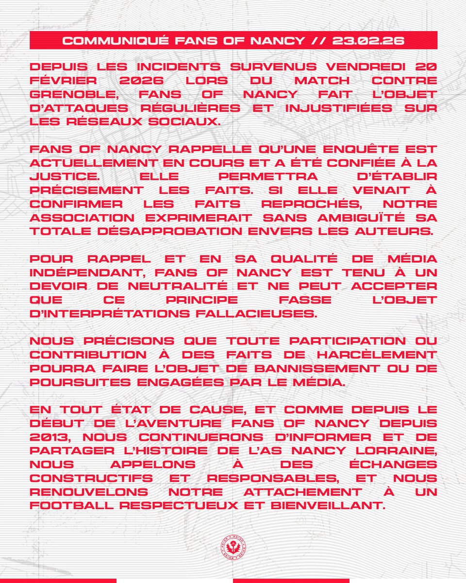 asnlfans's tweet photo. Communiqué de presse - Fans of Nancy - 23/02/2026 https://t.co/ESboNlJ9mT