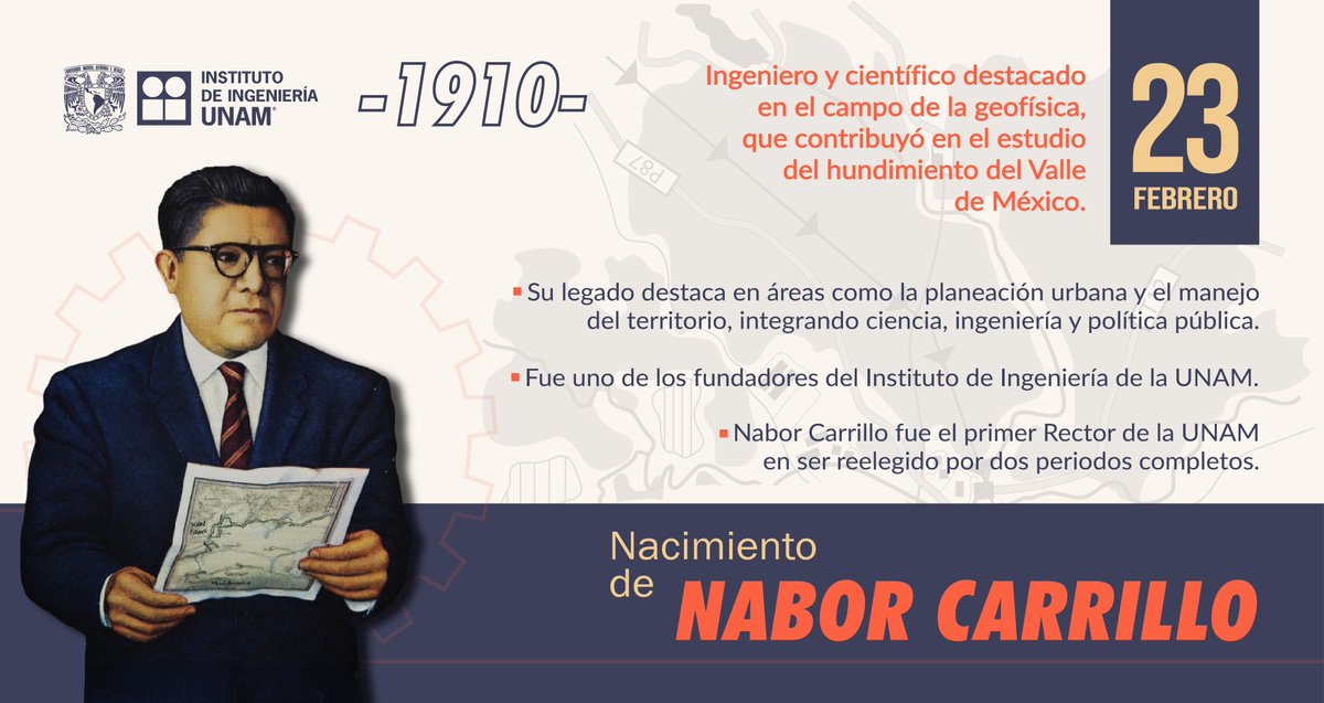 IIUNAM's tweet photo. Hoy conmemoramos a Nabor Carrillo (1911–1967), fundador del Instituto de Ingeniería de la UNAM y rector de la Universidad Nacional Autónoma de México.
Pionero en mecánica de suelos y estudios sobre el hundimiento del Valle de México.
#NaborCarrillo #UNAM #Ingeniería https://t.co/Wxyd8A7nrl