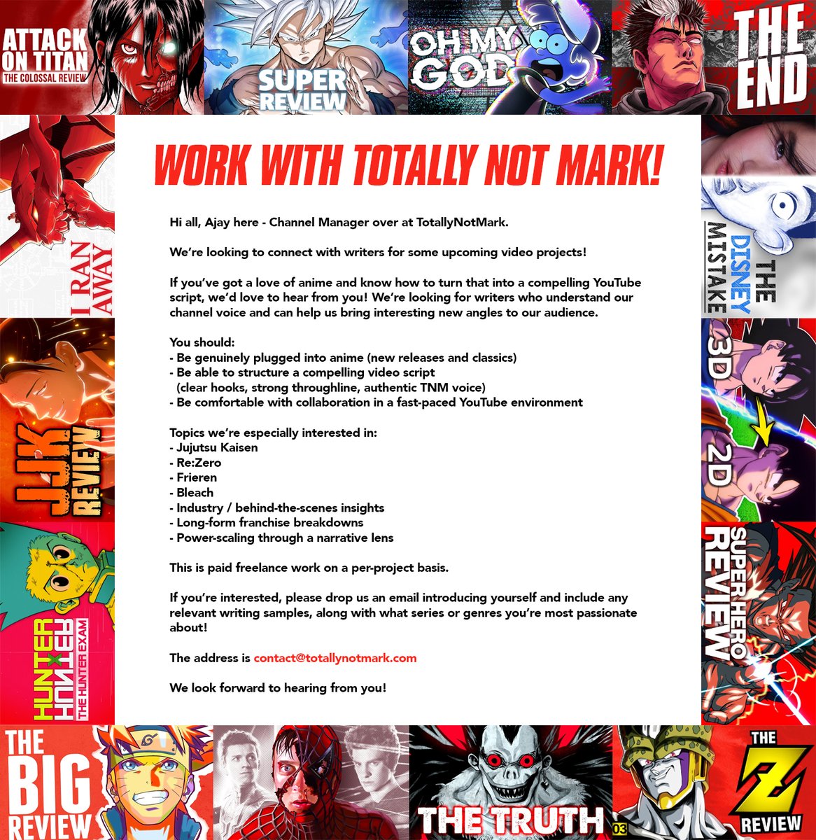 AnimeAjay's tweet photo. The team here at @TotallyNotMark are looking for some talented writers for a few upcoming video projects. 

If you're big into anime and know how to write, drop us a message. Details below! 

#animejobs #AnimeTwitter #anime #writingjobs #youtubejobs #scriptwriter https://t.co/q2zwr2INs8