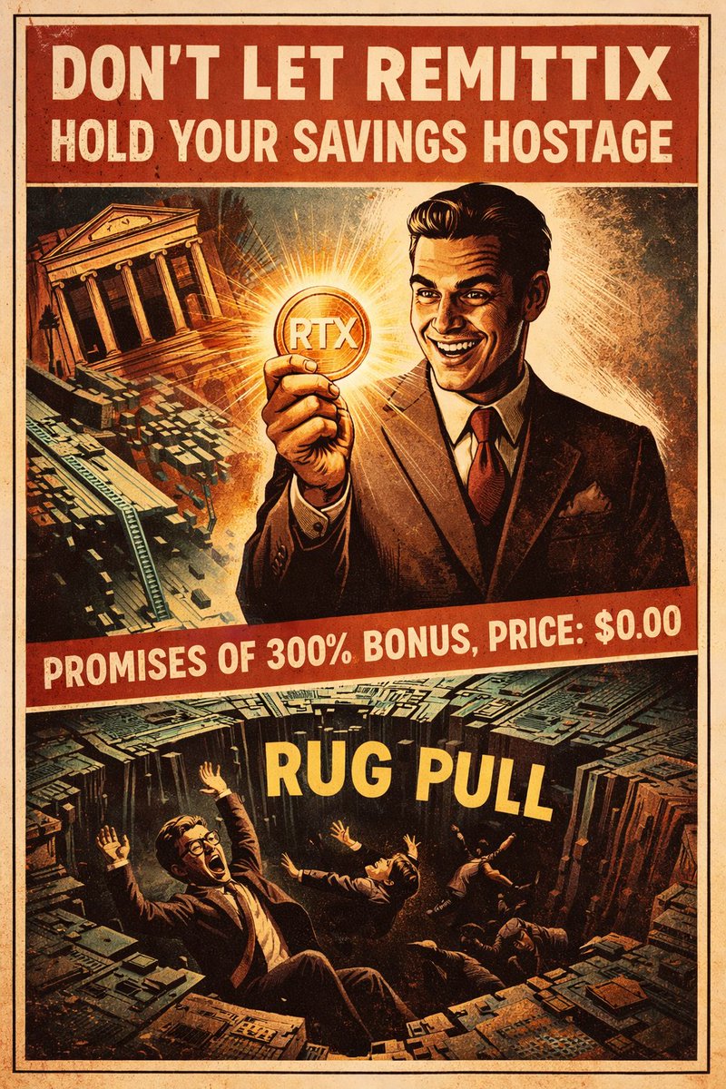 iOrgin1's tweet photo. $RTX REMITTIX – POST‑LAUNCH AUTOPSY

Feb 9 "launch" ✅
300% bonus PR ✅
"$28.9M raised, 93% sold" ✅

CoinMarketCap price: $0.00
24h volume: $0.00
Live liquidity: MIA
Presale delivery proof: MIA
Team doxx: MIA

That's not "the next XRP."
That's what a slow‑motion rug looks like while the promo sites keep farming referral clicks.

#Remittix $RTX #CryptoScam #RugPull #ExitLiquidity #ScamAlert #Crypto #Altcoins #unreliablenarrators