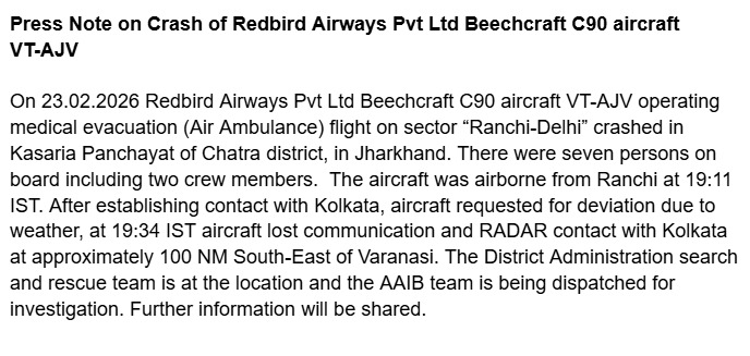 DGCAIndia's tweet photo. Press Note on Crash of Redbird Airways Pvt Ltd Beechcraft C90 aircraft VT-AJV
@MoCA_GoI https://t.co/gmrbij1hjN