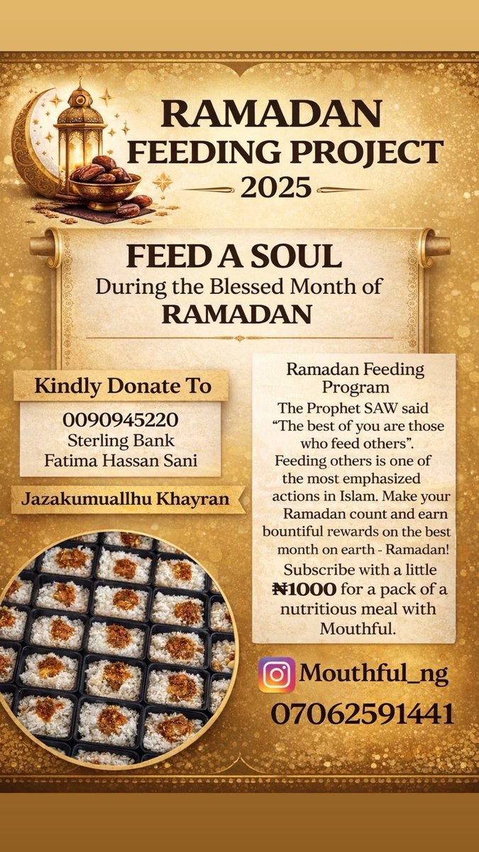 FatimaKontagora's tweet image. The beginning.... Every contribution, big or small, helps us reach further and touch the hearts of those in need. Ramadan is here, let's help feed the orphans, less privileged and the needy. #donation #ramadandonation #orphans
0090945220
Sterling Bank 
Fatima Hassan Sani