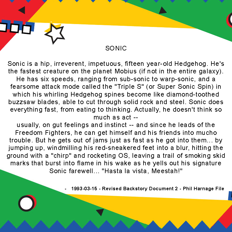 Sonic_Hedgeblog's tweet image. The description of Sonic, from an early backstory document for the Sonic SatAM cartoon.
