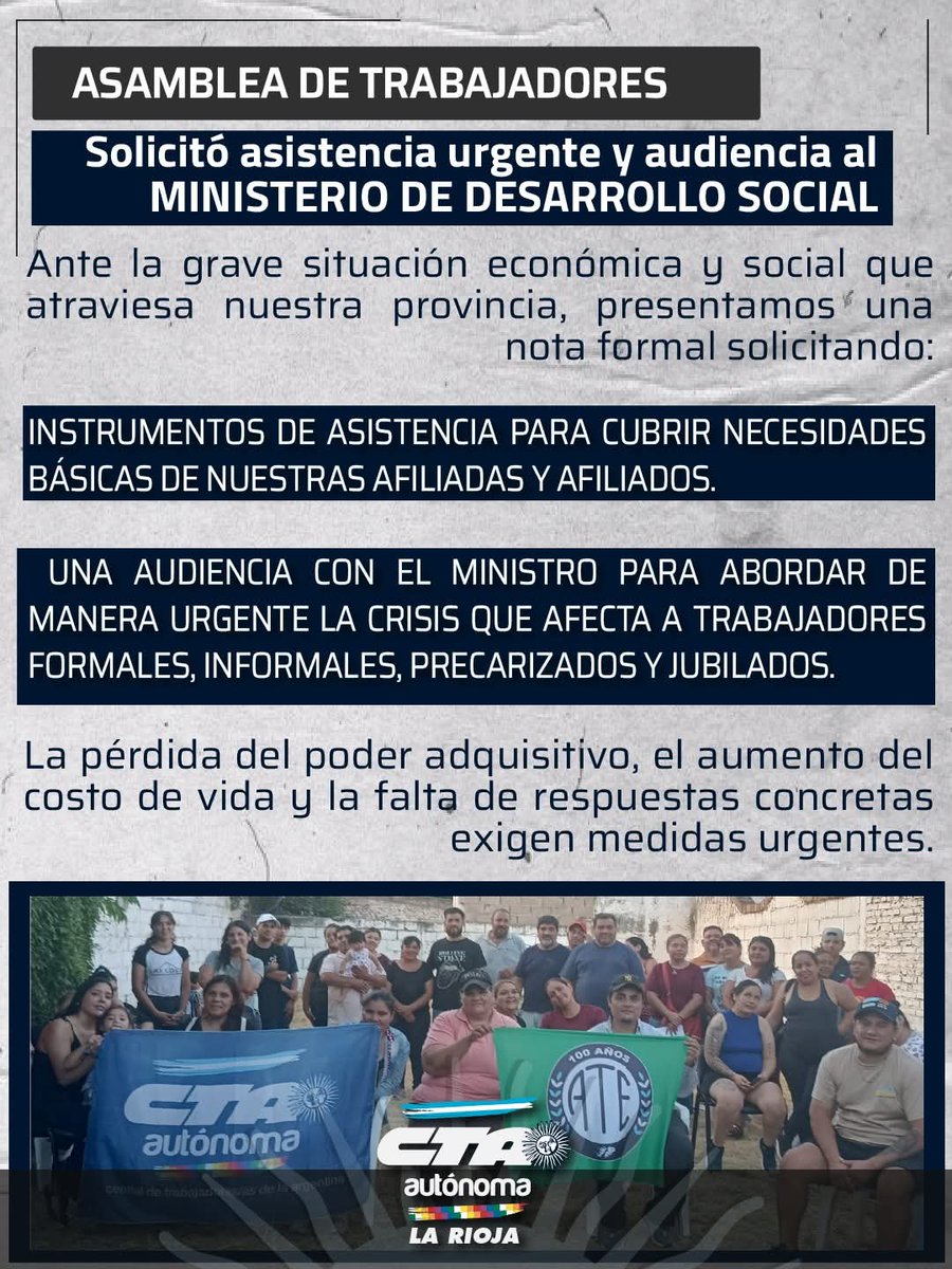 Solicitamos asistencia urgente y una audiencia al Ministerio de Desarrollo Social ante la grave situación económica y social que atraviesa nuestra provincia.
La realidad no puede esperar.
✊ Seguimos organizados en defensa del trabajo y la justicia social.