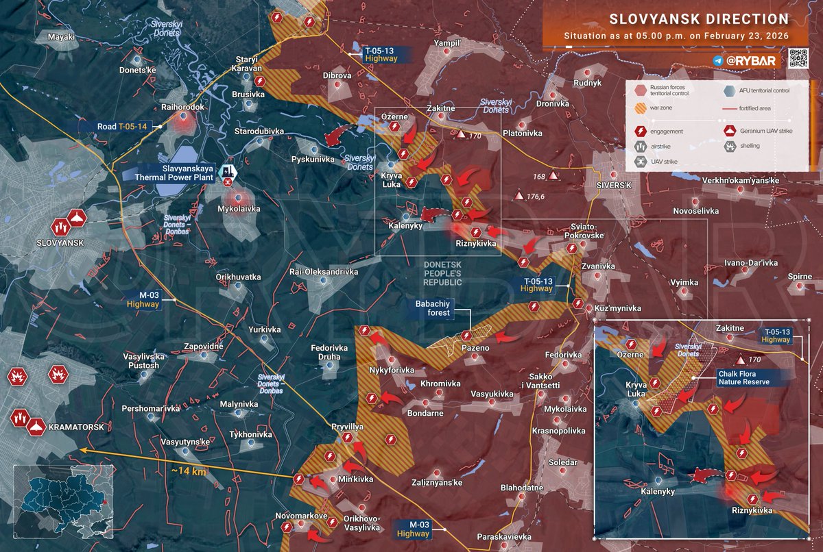 ⚠️#Donbass - Front Nord : Direction Slavyansk
▶️Alors que les forces🇷🇺 exploitent au SE les percées de Minkovka et Nikiforovka, des progrès sont signalés sur les hauteurs du flanc Nord : plusieurs avancées dans les zones forestières le long de la ligne Krivaya Luka-Reznikovka