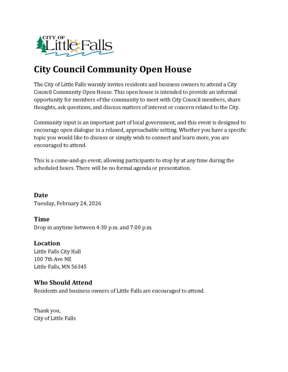 cdcmorrisonmn's tweet image. 🌞 #LittleFallsMN residents &amp;amp; business owners, 
You're invited to the #LFCityCouncil #CommunityOpenHouse - Tue. 2/24, at #LFCityHall. This informal, come-&amp;amp;-go event to meet with council members, ask questions, share ideas, and discuss topics that matter.🤝🏼
#MorrisonCounty