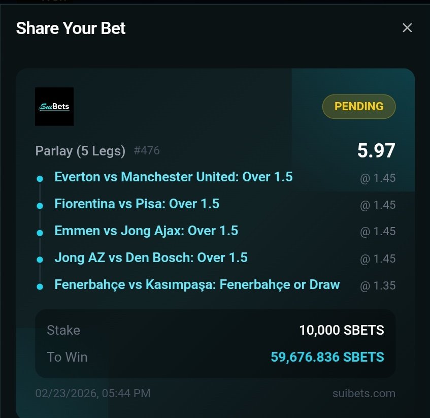 Let's bet on <a href="/Sui_Bets/">SuiBets</a>

SuiBets - Copy This Bet
Parlay (5 Legs)
  Leg 1: Everton vs Manchester United: Over 1.5 @ 1.45
  Leg 2: Fiorentina vs Pisa: Over 1.5 @ 1.45
  Leg 3: Emmen vs Jong Ajax: Over 1.5 @ 1.45
  Leg 4: Jong AZ vs Den Bosch: Over 1.5 @ 1.45
  Leg 5: Fenerbahçe vs