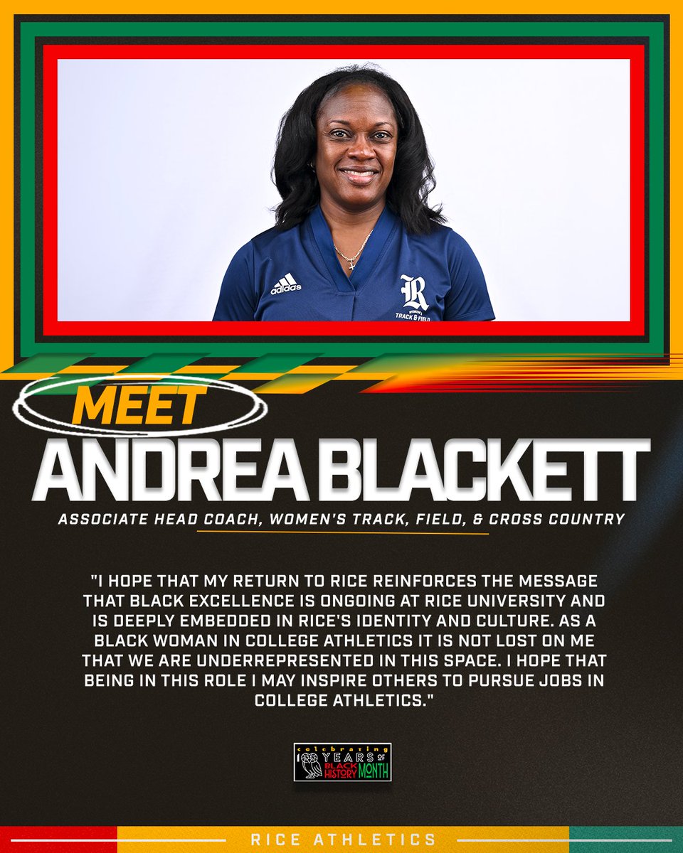 RiceAthletics's tweet photo. “How does the 100th Anniversary of Black History Month inspire your impact at Rice?”
Meet Andrea Blackett, sharing what this milestone means to them.
#GoOwls👐 #BlackHistoryMonth #OwlInTaskForce https://t.co/Qrm91G7zF2