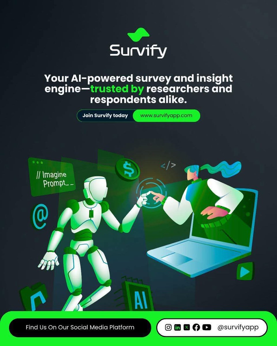 Survify is more than a survey platform.
It’s:
•A data engine for Nigerian businesses.
•An income stream for Nigerians. 
•A bridge between insight and opportunity
We’re building the Nigerian data economy.
Be part of it.
#Survify #DataCollection #SurveyTools #nigeria
