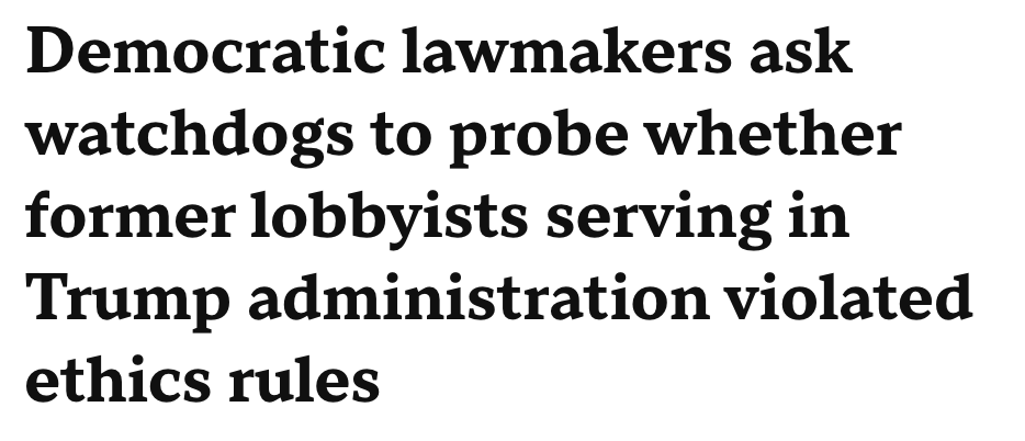 SenWarren's tweet photo. Remember Donald Trump's promise to "drain the swamp"?

Well, it looks like he's embraced the swamp instead.

There are now former lobbyists in senior roles all over his administration who could be helping their former clients. 

I'm calling for an investigation. https://t.co/OIVtCGcoAK