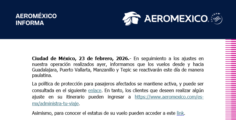 lopezdoriga's tweet photo. Información importante de Aeroméxico para sus operaciones este lunes en el occidente del país.

Más en https://t.co/BjdELZkpfR https://t.co/AXpPpEseBF
