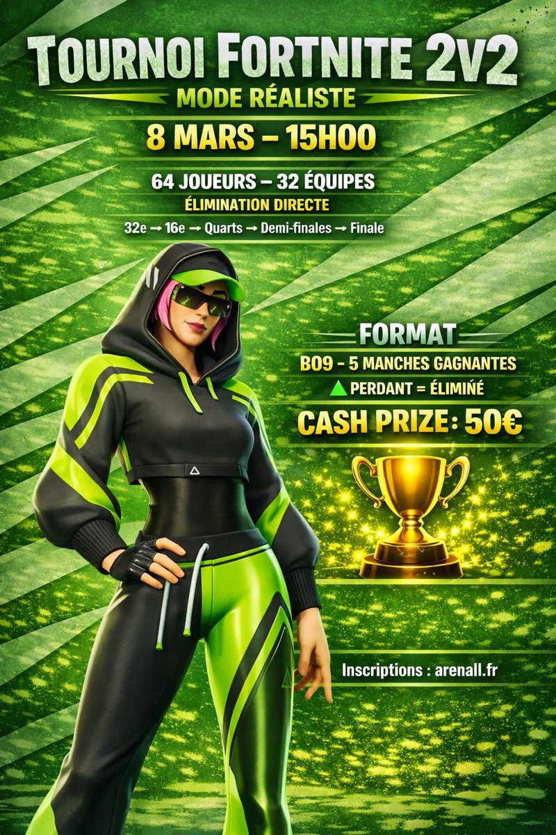 ArenallOff's tweet photo. 🔥 TOURNOI FORTNITE 2v2 – MODE RÉALISTIC🔥
📅 8 mars – 15h00
🏆 Cash prize : 50€
⚔️ BO9 – élimination directe
👥 64 joueurs / 32 équipes
Inscris-toi maintenant 👉 https://t.co/JtIPp0norW
#Fortnite #TournoiFortnite #Fortnite2v2 #EsportFR #CashPrize #ArenaLL https://t.co/3BYGJRMRsh