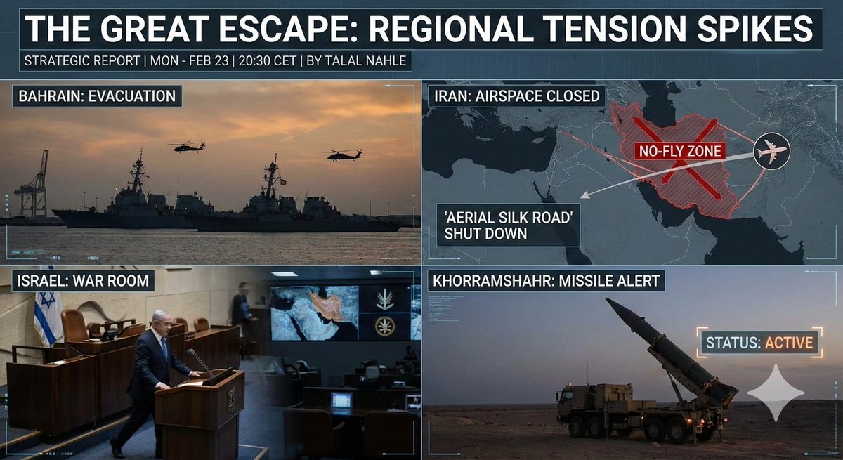 Intel_Sky's tweet photo. "The Great Escape" from Qatar and Bahrain: Iran Shuts Down the "Aerial Silk Road" and Activates Khorramshahr Missiles; Netanyahu Abandons Knesset for the "War Room". —Talal Nahle

Strategic and Operational Report (Monday - Feb 23 | 20:30 CET):
There is no longer room for doubt; the region has entered the "final countdown." Indicators gathered in the last few hours paint a picture of an imminent, large-scale military operation:
 * Diplomatic and Military Evacuation: The evacuation of the US Embassy in Qatar this morning, US naval vessels departing "Mina Salman" in Bahrain, and Israel directing its officials abroad to return immediately.
 * Iranian Airspace Closure: Issuance of a series of new, complex NOTAMs (Notices to Air Missions) closing international air routes and disabling radars/navigational aids, effectively turning Iranian skies into a "black hole" for civil aviation.
 * Nuclear Alert Status: The IRGC is conducting ballistic maneuvers in Khorramshahr (possessing missiles capable of striking Israel and Europe), while Washington deploys its fourth nuclear reconnaissance aircraft (RC-135W) from Japan.
Detailed situational analysis based on the latest data:

I. NOTAM Analysis (Feb 23 Update): "Lights Out"
New data reveals that Iran is "blinding" its airspace in preparation for engagement:
 * Closure of International Routes (A3707/A3708): Closure of Route (N39) and Routes (G208/L125) until March 2026. This severs the "Aerial Silk Road" between East and West, forcing aircraft into lengthy detours away from expected operational theaters.
 * Disruption of Comms and Navigation (A3715/A3810/A0671): The failure of High Frequency (HF) frequencies, radars (KUSHK), and the VOR ANK navigation system is no coincidence. This is a deliberate "electronic silence" to prevent the enemy from utilizing ground-based navigational aids, or a result of preemptive jamming.
 * Lethal Military Zones (OID):
   * NOTAM (A0229/26): Activation of zone (OID121) up to 30,000 feet. This represents the "combat ceiling" for fighter jets; its activation implies that Iranian Air Defense has authorization to engage any target within this range.
   * NOTAM (A0064/26): Activation of zone (OID125) up to 18,000 feet.
 * New Firing Ranges (Starting Feb 24): Activation of new live-fire zones (B0137/B0140) in the south and west, creating a "belt of fire" along the Iraqi and Gulf borders.

II. "The Great Escape": Evacuating Qatar and Bahrain
 * Qatar: Israeli reports confirm the evacuation of the US Embassy in Doha this morning. As the headquarters for CENTCOM and truce negotiations, an evacuation suggests Washington expects Doha to be in the "eye of the storm" of an Iranian missile response.
 * Bahrain: Chinese satellites have tracked US ships departing Mina Salman. The Fifth Fleet is moving to the open sea to avoid being "sitting ducks" for short-range Iranian missiles while in port.

III. The Israeli Front: "The War Cabinet"
 * Netanyahu: Abruptly left a parliamentary debate on taxes for an "urgent security meeting," subsequently canceling a scheduled public address to focus on "preparing the nation for war."
 * Recall Order: Israel has ordered senior current and former security officials abroad to return immediately—a "General Mobilization" of the leadership apparatus.

IV. US Build-up: The Fourth Aircraft
 * The 4th Rivet Joint: Washington has dispatched an additional (RC-135W) spy plane from Japan to Mildenhall (UK) en route to the Middle East. The presence of four of these rare assets indicates a requirement for 24/7 Signals Intelligence (SIGINT) coverage over every inch of Iranian territory.