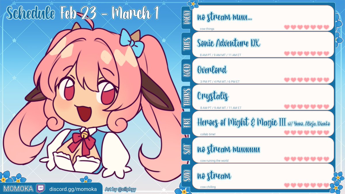 Made my weekly schedule!
February 23 - March 1

Feeling better! I wanna stream! I miss milkbuds muu!!!
