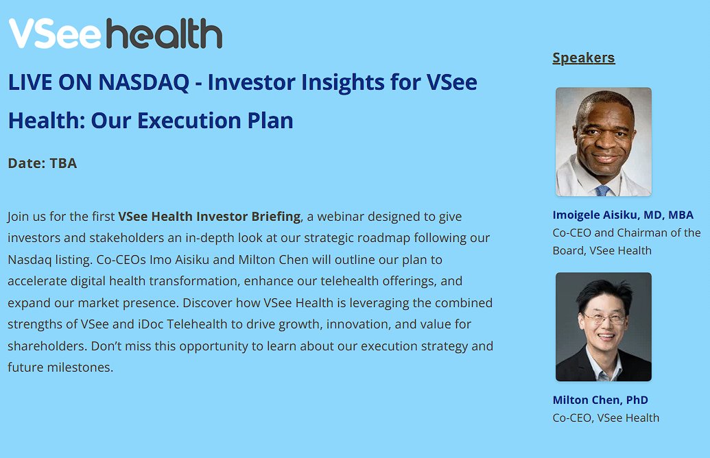 $VSEE LIVE ON NASDAQ - Investor Insights for VSee Health: Our Execution Plan 

lp.vsee.com/investor-insig…

Join us for the first #VSee Health Investor Briefing, a webinar designed to give #investors and #stakeholders an in-depth look at our #strategic #roadmap following our #Nasdaq