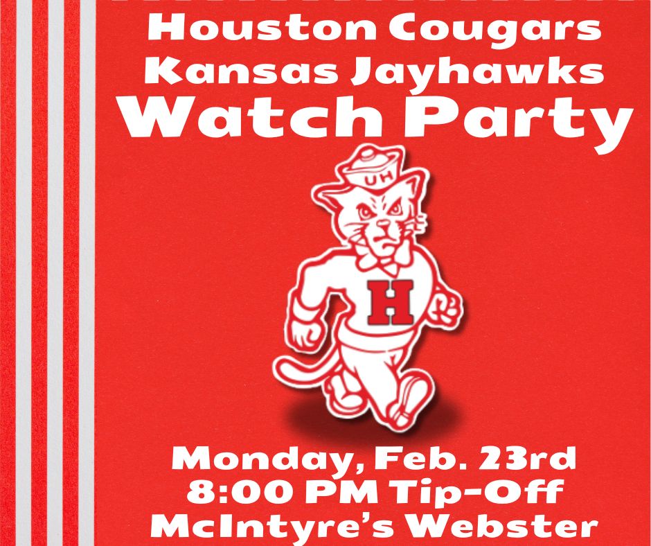 🏀📢Coogs. Tonight. Be There.
📆 Monday, February 23
⏰️ 8:00 PM Tip-Off
📍McIntyre's Webster 
🔴Wear Red
#ForTheCity #GoCoogs #Coogs
<a href="/BayAreaCoogs/">Houston Bay Area Coogs</a> <a href="/houstonalumni/">University of Houston Alumni</a> <a href="/UHCougarMBK/">Houston Men's Hoops 🏀 🐾</a> <a href="/UHCougars/">Houston Athletics</a>