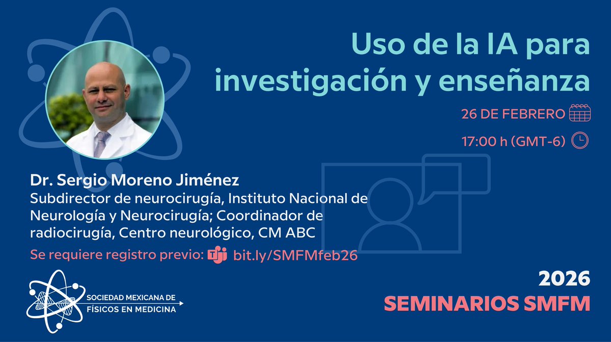 SocMexFisMed's tweet photo. 📌 La @SocMexFisMed les invita a acompañarnos este jueves para escuchar al Dr. Sergio Moreno Jiménez, en su plática sobre el uso de la IA en investigación y enseñanza.
✍️ Registro: https://t.co/9Azdhde0Wt

#seminariosSMFM #fisicamedica #fismed
#medicalphysics #EventosSMFM https://t.co/gBErPjUSpR