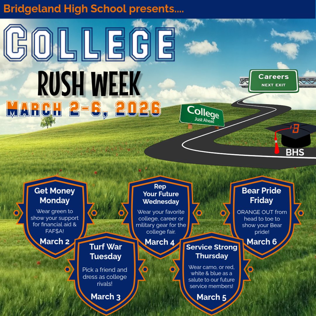 Bears, it’s almost that time! 🐻🎓College Rush Week is coming March 2–6! We'll be celebrating your future college, career &amp; military plans all week with dress up days! Dress up and rep what’s next! Prizes will be raffled at lunches for participation in the daily themes!
#GoBears
