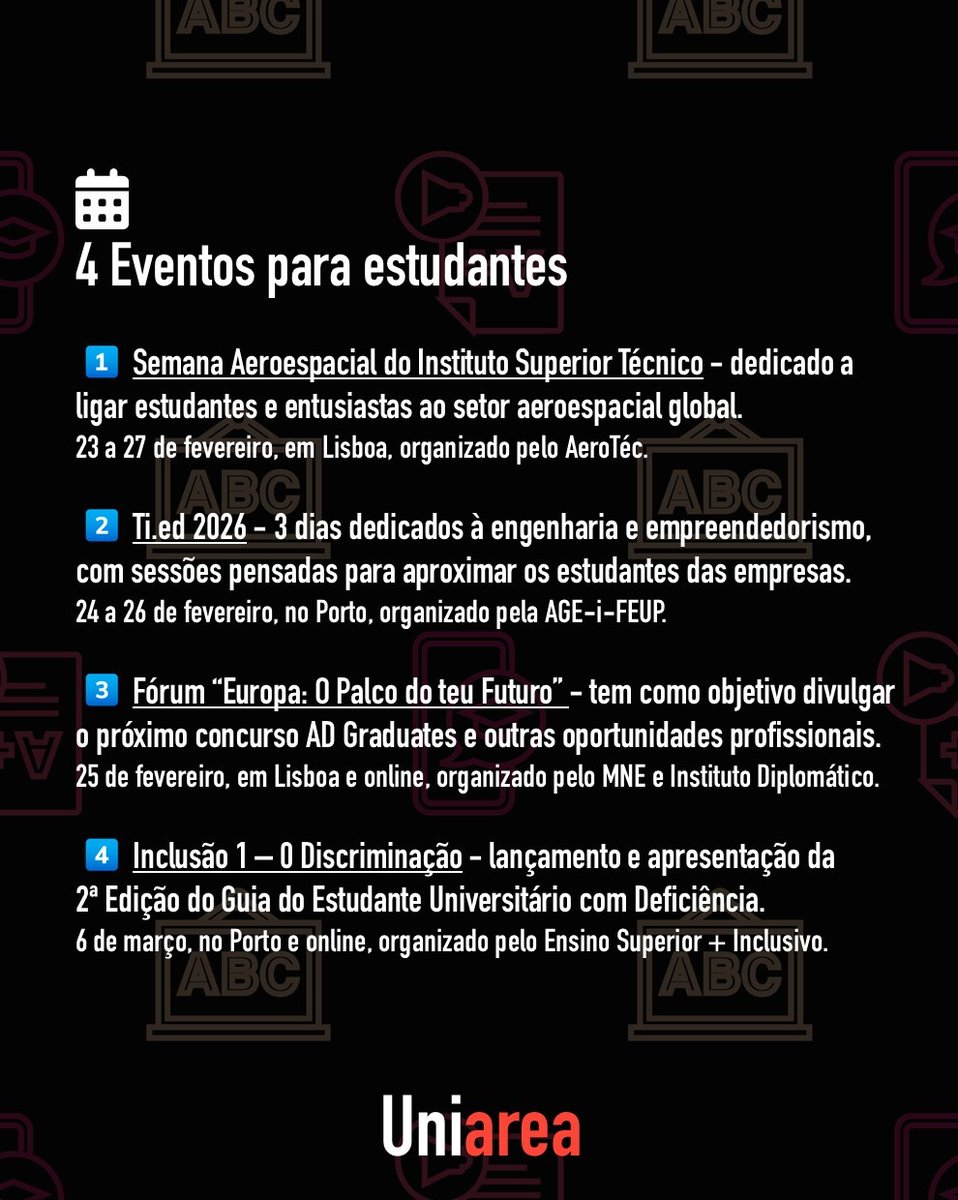 🗓 4 Eventos para estudantes para colocares na agenda:
1️⃣ Semana Aeroespacial do Instituto Superior Técnico.
2️⃣ Ti.ed 2026.
3️⃣ Fórum “Europa: O Palco do teu Futuro”.
4️⃣ Inclusão 1 – 0 Discriminação.
Conhece cada um dos eventos na nossa agenda:
uniarea.com/agenda/