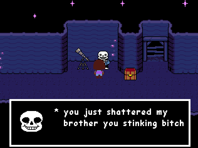 fun #undertale fact: if you get the fake hallway in a genocide route, sans will show up in the room after and have THIS special dialogue (but only if you interacted with the "mysterious man"). pretty CANDID broster evidence
