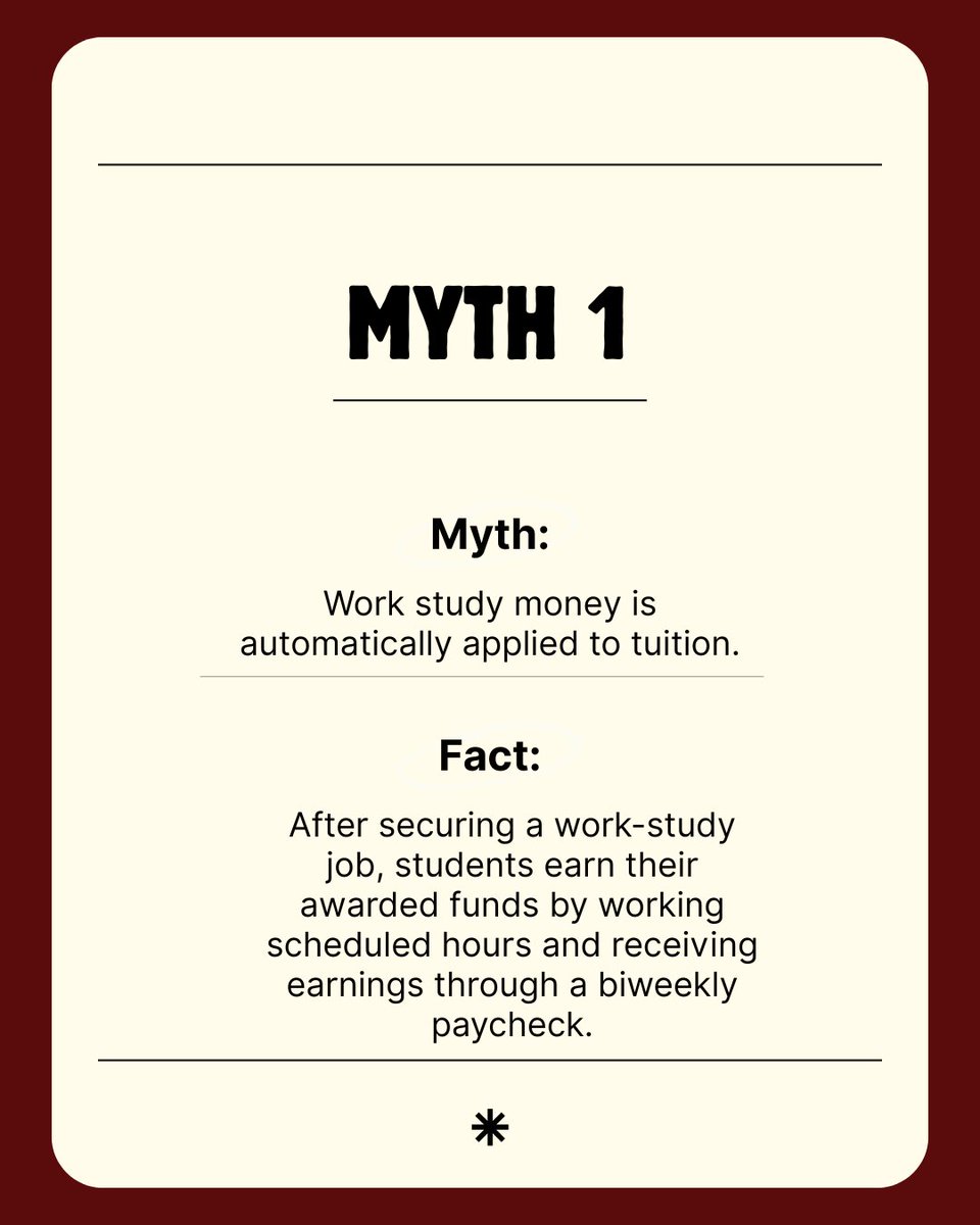 Student Employment Myth Monday 🚫

Work-study funds are earned through hours worked and paid to you as a paycheck — they are not automatically applied to tuition.

Questions about your award? The Office of Student Employment is here to help.