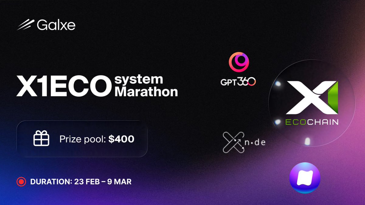 X1ECOSystem Marathon

📆 Dates: February 23, 2026 - March 9, 2026
💰 Prize Pool: $400 USDT
🏆 40 winners will each receive $10, selected via raffle

👉 Join Now: app.galxe.com/quest/x1ecocha…

Take part in a 2-week interactive quest campaign with our ecosystem partners. Complete