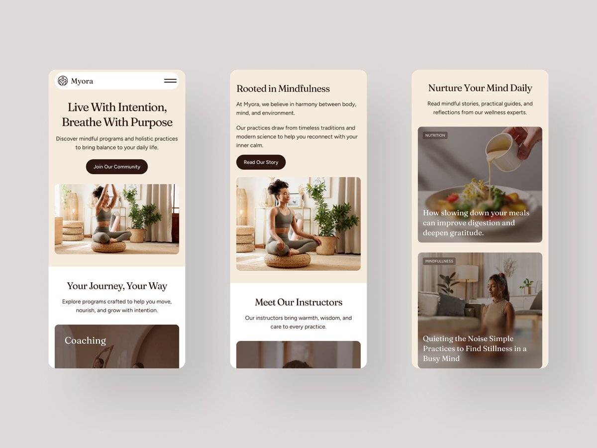 Calm brands convert better.

Myora creates a serene, high-trust digital presence for yoga and wellness businesses.

See it live: framer.link/evV8WoJ
