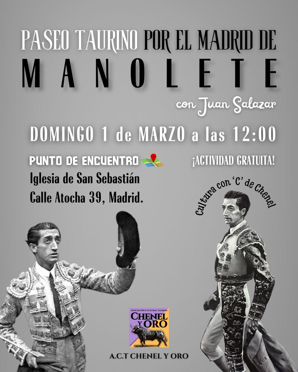 PASEO TAURINO POR EL MADRID DE MANOLETE con juan salazar
Este domingo, 1 de marzo a las 12:00 haremos una inmersión por el centro de la capital de la mano de Juan Salazar, escritor y abonado de la plaza de Madrid.

ACTIVIDAD LIBRE Y GRATUITA 📍
¡Te esperamos!