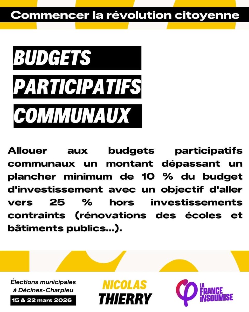 Mise en place du RIC, création d’un comité citoyen chargé d’un audit de la dette communale, soutien à l’économie locale en modulant la taxe foncière... Notre mandat amorcera la révolution citoyenne à l’échelle de la commune pour redonner le pouvoir aux citoyen·nes.