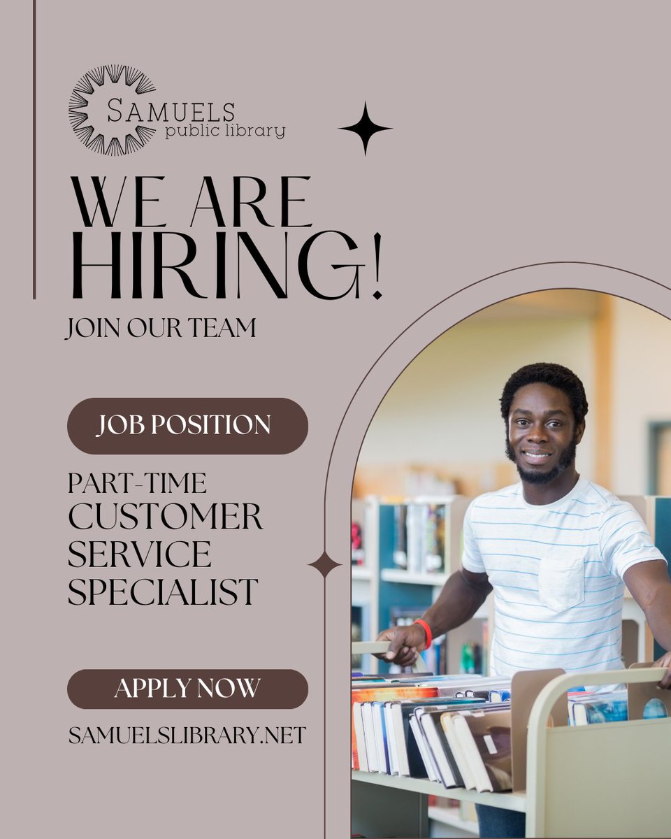 📢Samuels Public Library is accepting applications for a part-time Customer Service Specialist position! Visit our website for the full list of duties and job application. samuelslibrary.net/index.php/abou…

#SamuelsLibrary #FrontRoyalVA #JobOpening