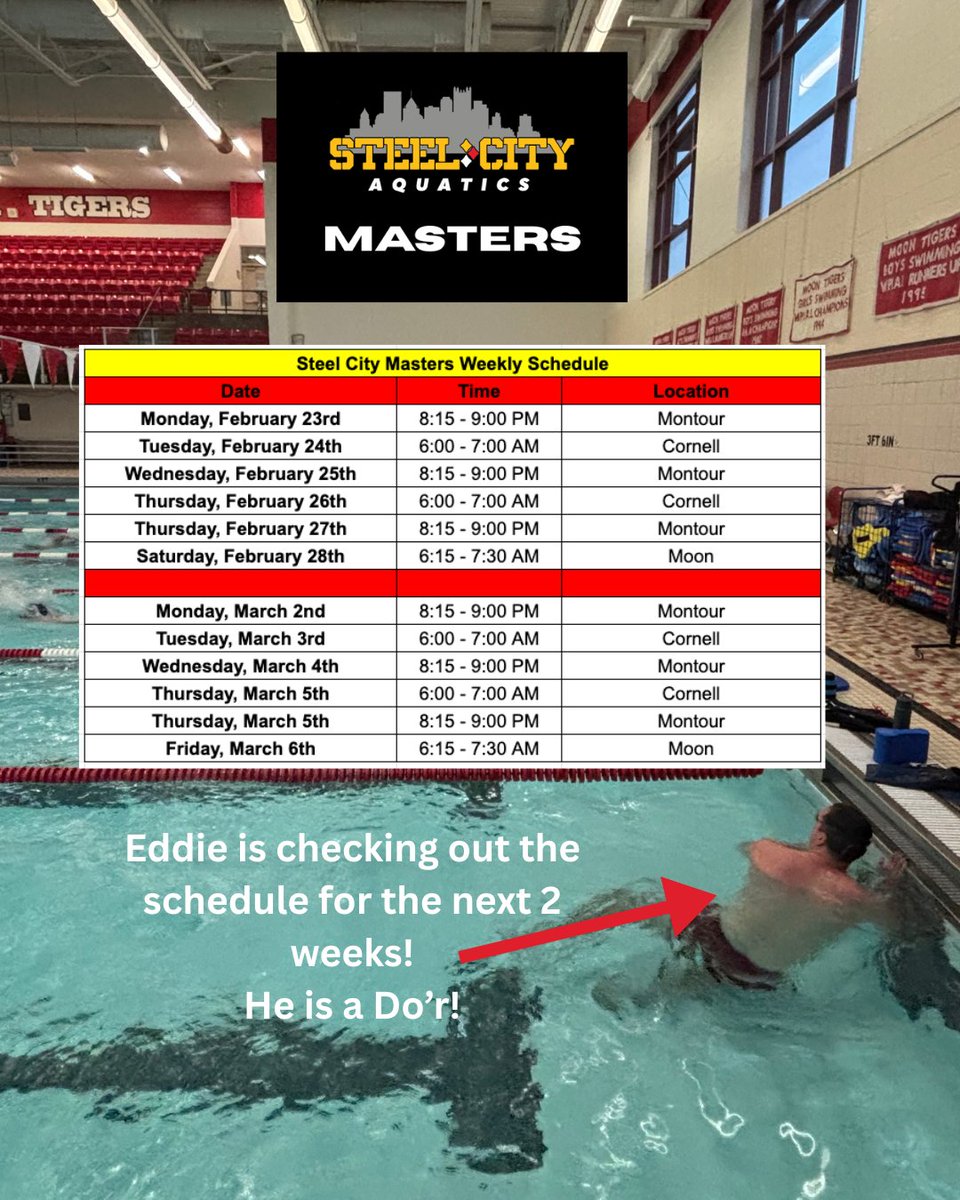 _STEELmasters's tweet photo. Steel City Masters Schedule! Drop on in! See you on the pool deck. 

https://t.co/0pNa46etiP

#STEELgrit
#STEELpassion
#STEELgrowth

@MastersSwimming https://t.co/2r8sfW87ta