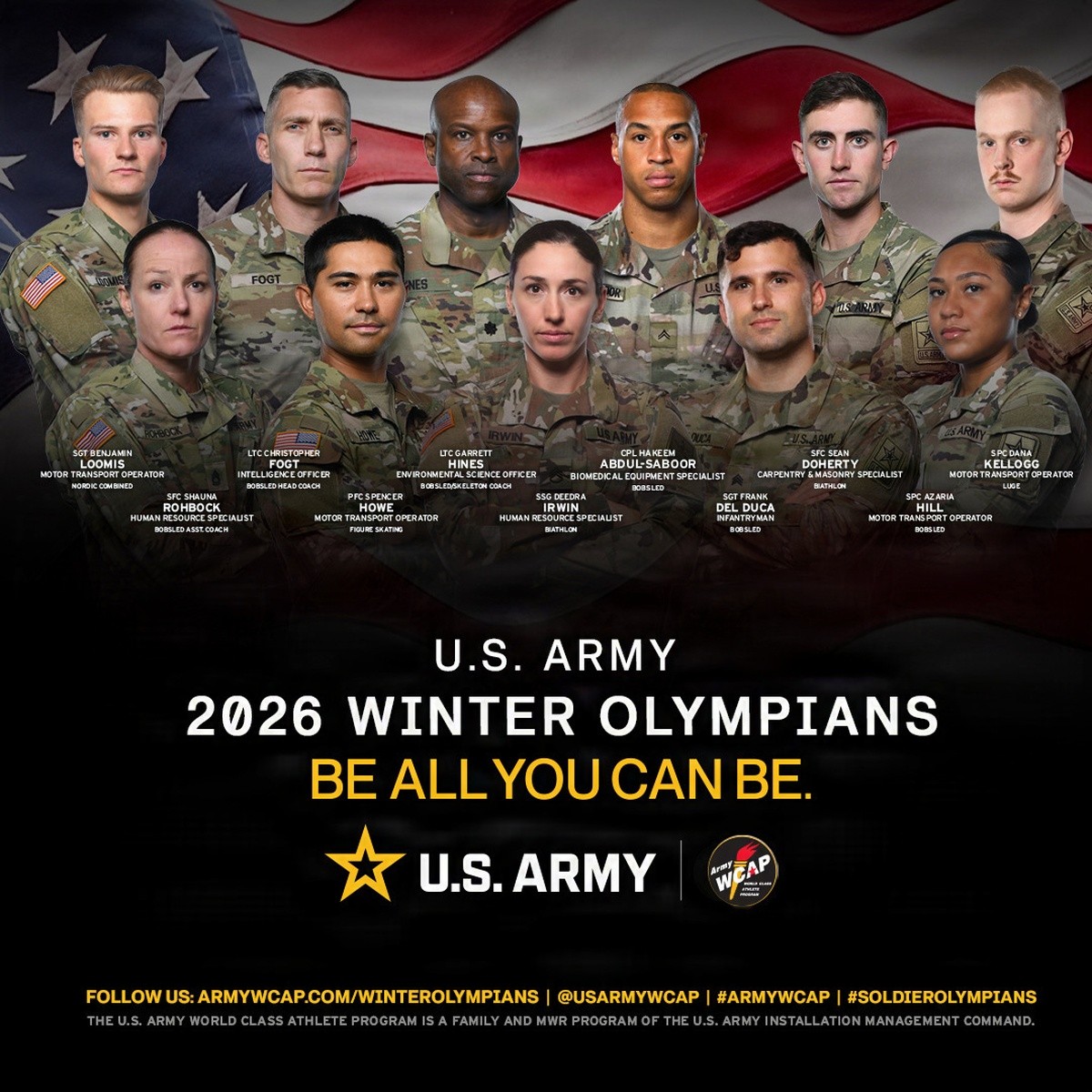 USArmy's tweet photo. Soldier Athletes: Making the country proud, from the battlefield to the arena. 

Congratulations to our Soldier athletes for their elite performance at the 2026 Winter Olympics. 

Follow @ArmyWCAP for more content on our World Class Athlete Program. https://t.co/iut7cCK0T9