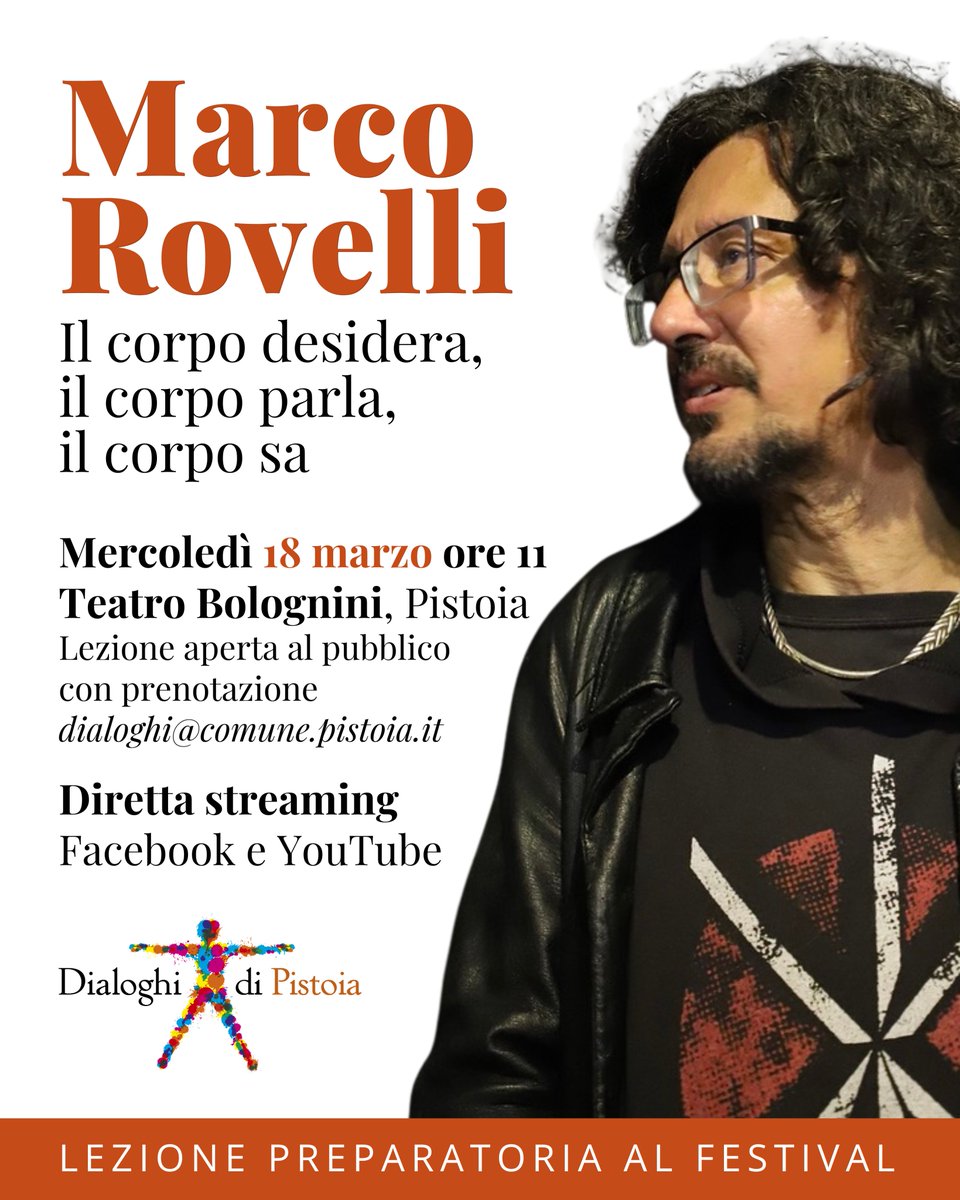 Mercoledì 18 marzo, ore 11 al Teatro Bolognini, Marco Rovelli protagonista del secondo incontro dedicato al tema della XVII ed. dei #DialoghiPistoia.
📩 Lezione aperta al pubblico su prenotazione dialoghi@comune.pistoia.it
💻 Diretta streaming sui canali del festival <a href="/FondCaript/">Fondazione Caript</a>