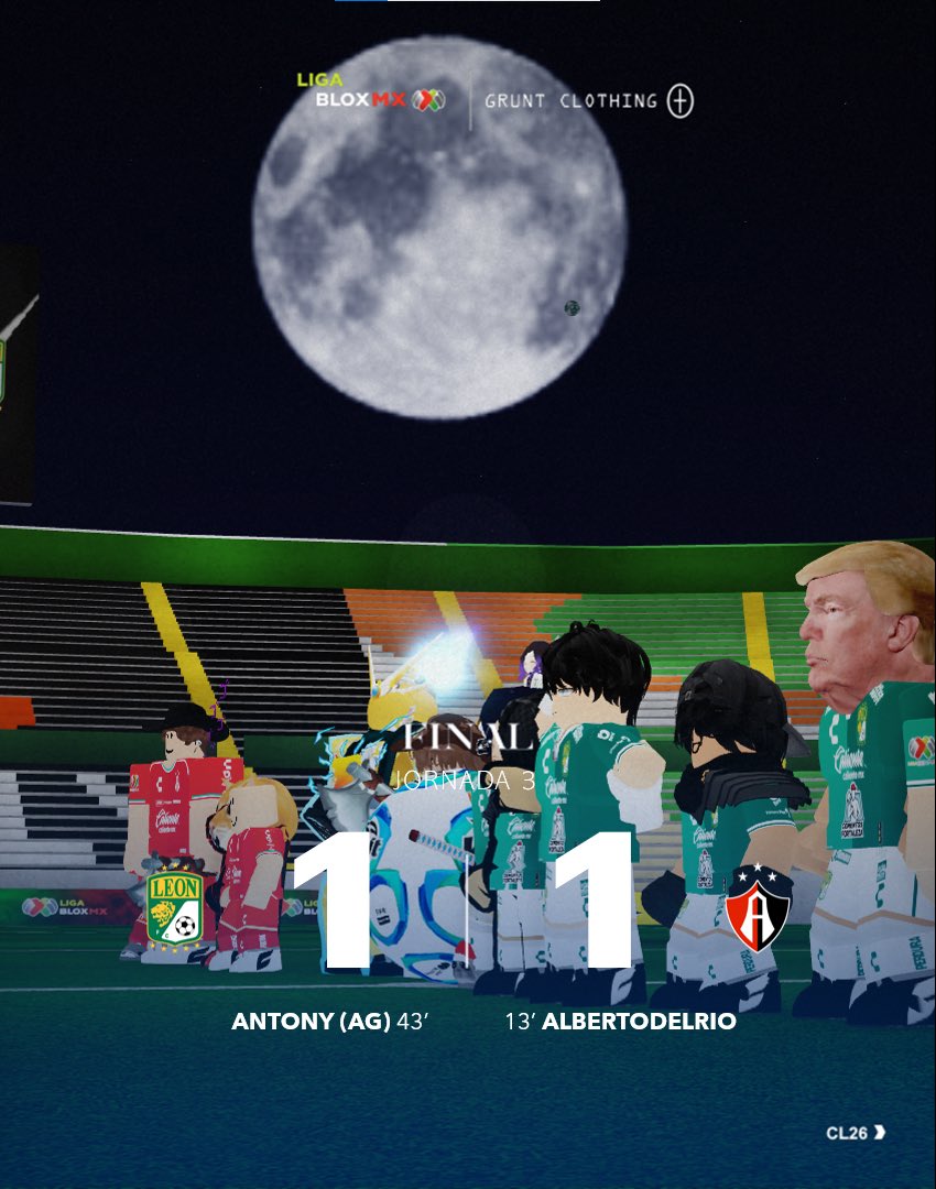 ligabloxmx's tweet photo. Reparto de puntos en el Nou Camp. 
🦁🤝🦊 Un empate intenso bajo la luz de la luna. 
#LigaBloxMx #TemporadaXenX #Leon #Atlas https://t.co/aBXnkaN0T3